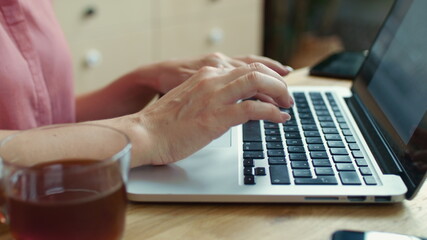 Fototapeta na wymiar Woman hands typing on notebook in kitchen. Business woman using laptop at home.