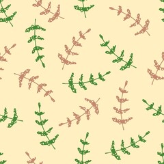 Hand-drawn simple floral, herbal vector seamless pattern. Green, beige contour of small branches, twigs on a light pink background. For prints of fabric, textile products, paper, packaging, clothing.