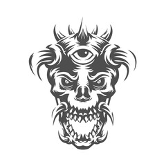 skull head with many horn. black and white drawing. vector illustration