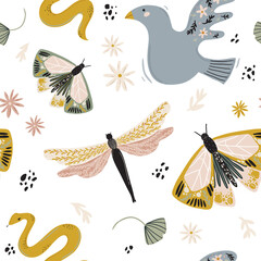 Abstract contemporary illustration with floral, fauna, moon, girls power elements. Trendy minimalist clip art with inspirational quote in scandinavian style, bohemian witch, magic mystery concept.