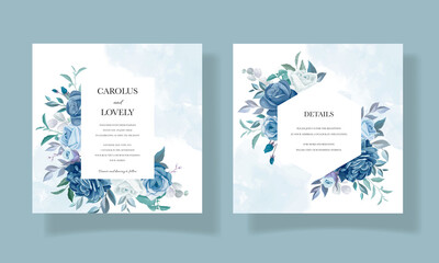 Wedding invitation template set with beautiful blue floral bouquet and border decoration