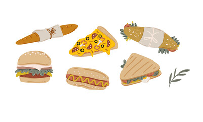 Summer picnic: fruits, berries, cake, hotdog, sandwich, bbq grill, coffee, ice cream, pie. Top view. Icon set flat design of picnic items. For banners, posters, promotion, presentation templates