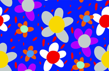 Naklejka na ściany i meble Abstract Hand Drawing Geometric Childish Daisy Flowers and Dots Repeating Vector Pattern Isolated Background 