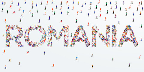 Human country name Romania. large group of people form to create country name Romania. vector illustration.