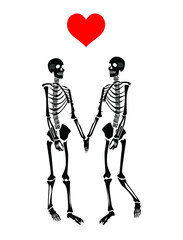 illustration with two skeletons in love on the theme of love and relationships.