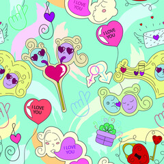 vector seamless romantic pattern in cartoon doodle style