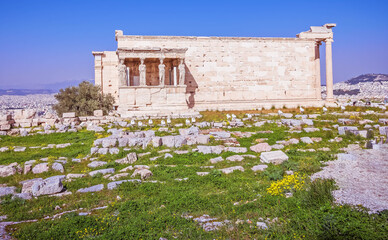 Caryatids statues and Erechthion ancient temple on acropolis of Athens Greece