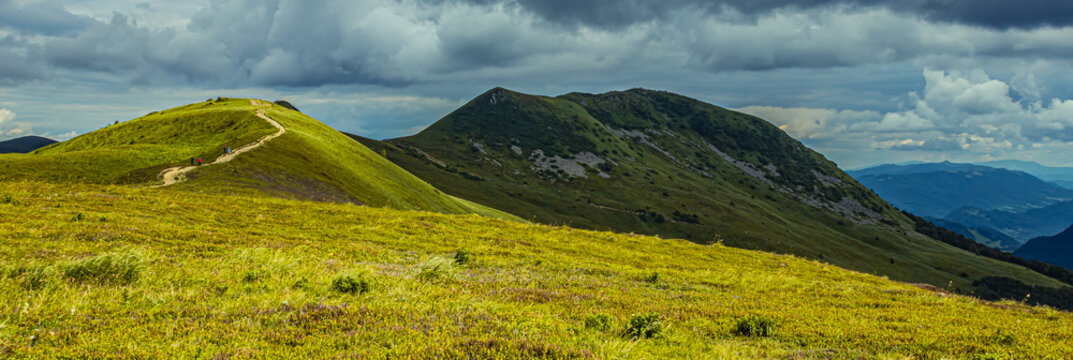 Hiking trail to Tarnica Bieszczady in Poland. Huge hills in the mountains.