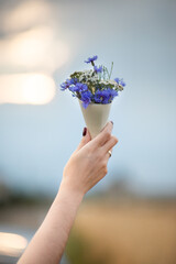 Polne kwiaty w drewnianym rożku, trzymane w dłoni © andsko