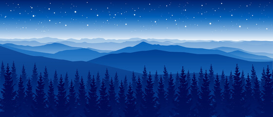 Fototapeta na wymiar Mountain scene with coniferous forest on starry sky background- panoramic horizontal landscape for banner design