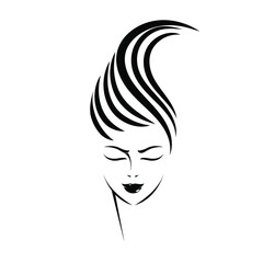 Woman with long, wavy hair and elegant makeup.Beauty salon, hairstyle studio, cosmetics and spa logo.Young lady portrait illustration.Front view face.