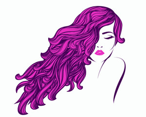 Woman with long, wavy hair and bold makeup.Beauty salon, hairstyle studio, cosmetics and spa logo.Young lady portrait illustration.Front view face.Bright pink color.