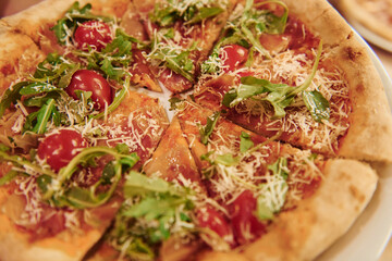 Close up view of fresh cooked pizza. Conception of food and service
