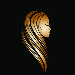 Woman with long, blonde hair and elegant makeup.Beauty salon, hairstyle studio, cosmetics and spa logo.Young lady portrait illustration.Profile view face.Shiny golden color.
