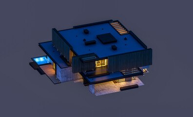 3d rendering of modern cozy house with parking and pool for sale or rent with wood plank facade. Isolated on white