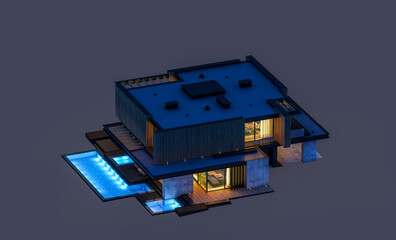 Fototapeta premium 3d rendering of modern cozy house with parking and pool for sale or rent with wood plank facade. Isolated on white