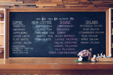 beverage menu on blackboard at cafe coffee shop