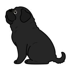 Outlined simple and cute black pug sitting in side view