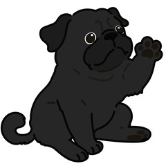 Outlined simple and cute black pug sitting and waving hand
