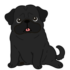 Outlined simple and cute black pug sitting in front view