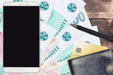 100 Czech korun bills and smartphone with purse and credit card. E-payments or e-commerce concept....