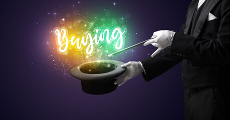 Magician hand conjure with wand and Buying inscription, shopping concept
