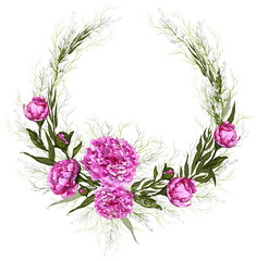 decorative wreath of pink peonies,  eucalyptus leaves with a place for the text. hand-drawn realistic flowers, in the style of doodling. vector illustration, decor for invitations, greetings, wedding