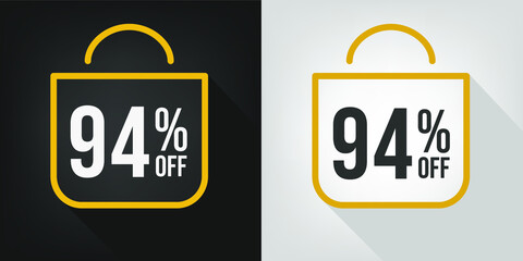 94% off. Black, white and yellow banner with ninety-four percent discount. Shopping bag concept vector.