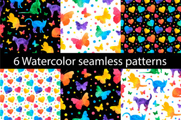 Fototapeta premium Colorful watercolor seamless pattern with cute butterflies, cats and hearts. Vector illustration