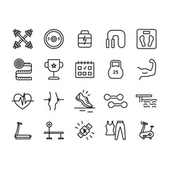 Fitness Sport Black Thin Line Icon Set. Vector