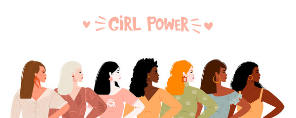 Obraz na płótnie Canvas Seven women of different nationalities and cultures stand together. The concept of the feminist movement for the empowerment of women. Lettering girl power Vector illustration. Isolated on background.
