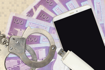 100 Philippine piso bills and smartphone with police handcuffs. Concept of hackers phishing...