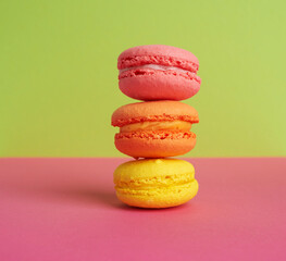 stack of baked macarons on pink green background, delicious dessert made from almond flour