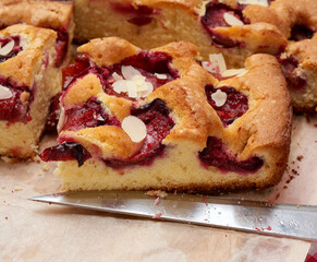 baked slices of sponge cake with plums on brown paper and a knife