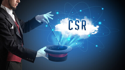 Magician is showing magic trick with CSR abbreviation, modern tech concept