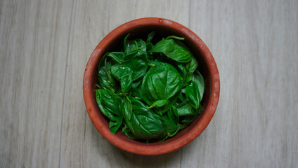 Fresh basil leaves in a bowl
