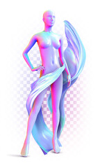 Naked female mannequin in iridescent waving in the wind drapery. Concept for fashion industry, modeling business, couturier, fashion designer. Vector 3d illustration.