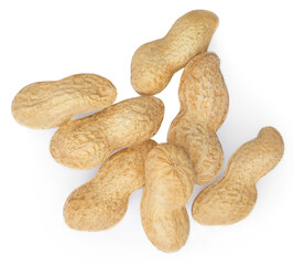 Peanuts. Roasted nuts isolated on white background.  Macro. Top view. Flat lay