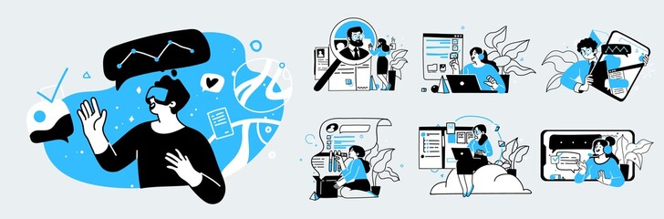 Business Concept illustrations. Collection of scenes with men and women taking part in business activities. Trendy vector style.