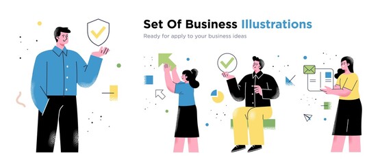 Business Concept illustrations. Collection of scenes with men and women taking part in business activities. Trendy vector style.