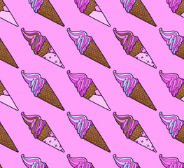 Vector illustration. Seamless background. Hand drawing ice cream. Colored ice cream in a waffle cone. For wallpaper, textures, fabric, wrapping paper and web. Cute cartoon illustrations.