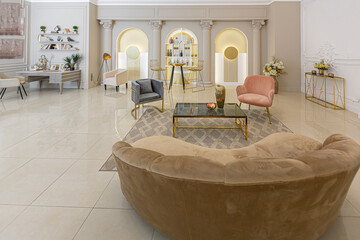 chic luxury interior in an old antique style open-plan apartment decorated with columns and stucco...