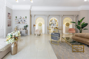 chic luxury interior in an old antique style open-plan apartment decorated with columns and stucco on the wall in pastel colors. tiles on the floor. beige walls