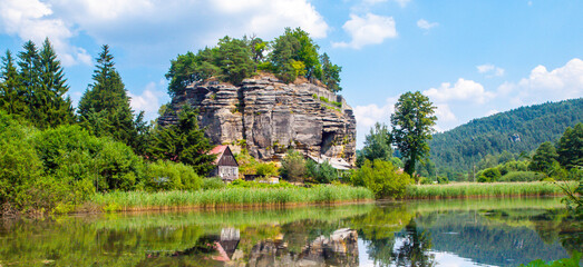 Rock Castle Sloup - unique castle ruin on the top of sandstone formation, Sloup v Cechach, Czech...