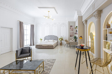 chic luxury interior in an old antique style open-plan apartment decorated with columns and stucco...