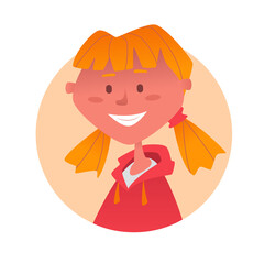 Cute blond girl with two ponystyles smiling. Vector illustration.