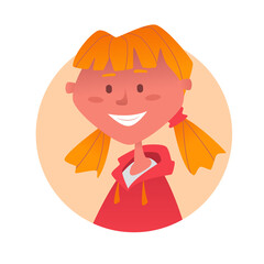 Cute blond girl with two ponystyles smiling. Vector illustration.