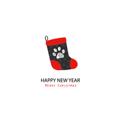 Christmas sock with white doodle paw prints. Xmas design, Happy new year greeting card vector