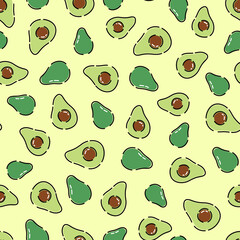 Seamless pattern with whole and sliced avocado on yellow background. Vector illustration for wallpaper, textiles, fabric, paper.
