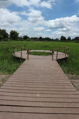 Fototapeta premium wooden bridge over the river and the field